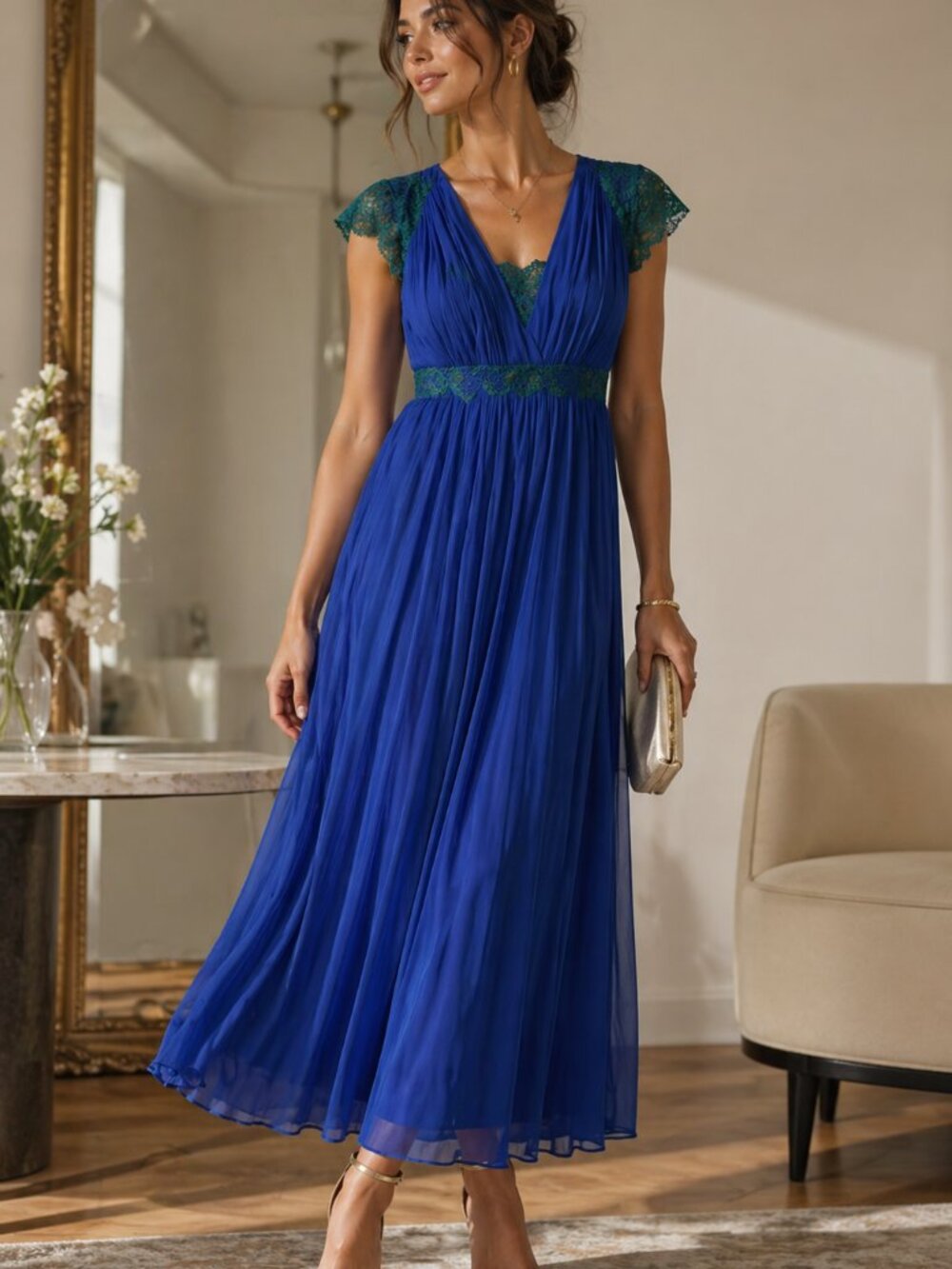 Badgley Mischka Royal Blue w/ Green Lace Cap Sleeve Maxi Gown - Sweet Prom dress